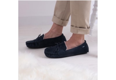Totes Isotoner Suedette Moccasin Slippers w Faux Fur Lining Navy Large (3140HNAV