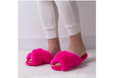 Totes Isotoner Plush Faux Fur Cross Over Slider Slippers Pink Large (3601HPNKL)
