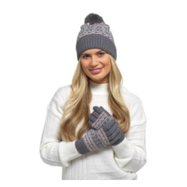 Ladies Fairisle Knitted Hat & Glove Set w Pom Pom Ladies Fairisle Knitted Hat & Glove Set w Pom Pom