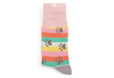 Miss Sparrow Paw Prints & Stripes Socks Bright (SKS427BRIGHT)