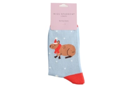 Miss Sparrow Bamboo Socks Christmas Capybara Powder Blue