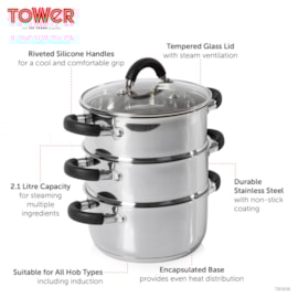 Tower Essentials 3 Tier Steamer Stainless Steel 18cm Tower Essentials 3 Tier Steamer Stainless Steel 18cm