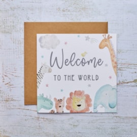 Baby Welcome To The World Card White With Zoo Animals Baby Welcome To The World Card White With Zoo Animals