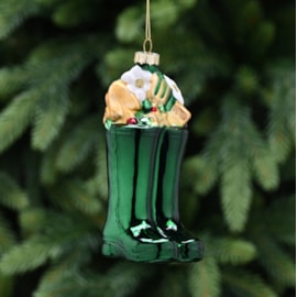 Festive Green Glass Wellies White Flowers 13cm Festive Green Glass Wellies White Flowers 13cm
