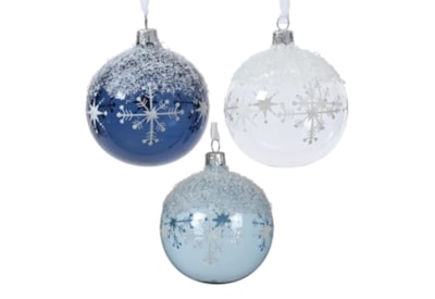 Glass Bauble Snowflake With Snow Top Assorted 8cm Glass Bauble Snowflake With Snow Top Assorted 8cm