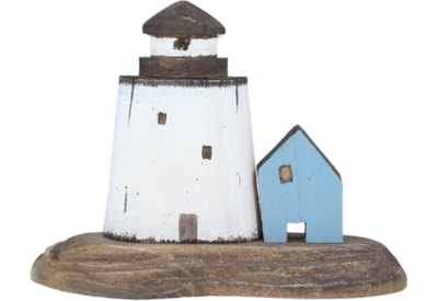 Gisela Graham Rustic Wood Lighthouse And Cottage Ornament (30466)