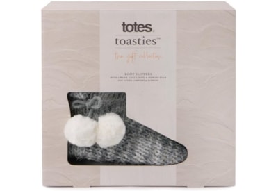 Totes Isotoner Knitted Boot Slippers W/pom Grey Medium (3122HGRYM)