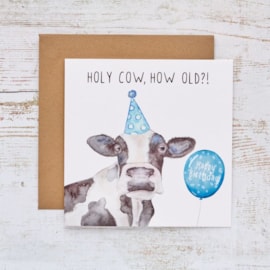Holy Cow Birthday Card White With Blue Party Hat & Balloon
