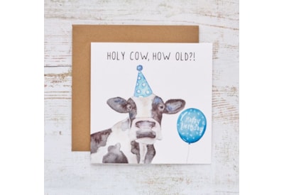 Holy Cow Birthday Card White With Blue Party Hat & Balloon