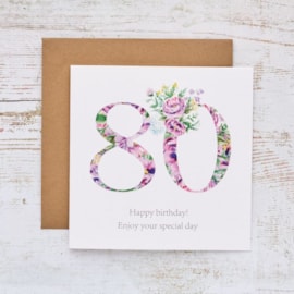 80Th Birthday Card White With Purple Floral Numbers