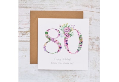 80Th Birthday Card White With Purple Floral Numbers