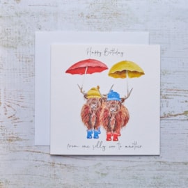 Highland Cow Birthday Card With Hats & Umbrellas Silly Coo Highland Cow Birthday Card With Hats & Umbrellas Silly Coo