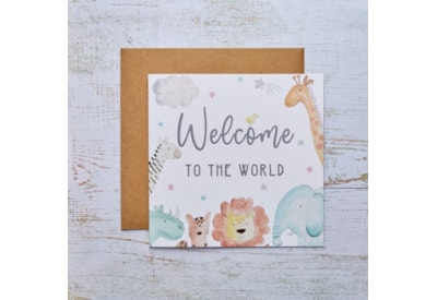Baby Welcome To The World Card White With Zoo Animals Baby Welcome To The World Card White With Zoo Animals