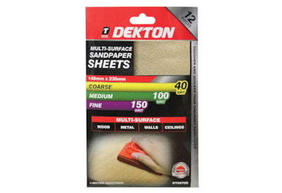 Dekton Assorted Sandpaper 230mm x 140mm 12 Sheets Dekton Assorted Sandpaper 230mm x 140mm 12 Sheets
