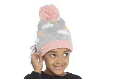 Girls Rainbow Print Jacquard Hat w Bobble Pink/gre (GL1069)