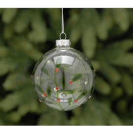 Festive Clear w Green Leaf Glass Ball 8cm (P034825)