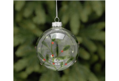 Festive Clear w Green Leaf Glass Ball 8cm (P034825)