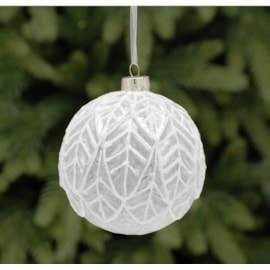 Festive Frosted White w White Leaf Glass Ball 10cm (P034856)