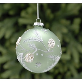 Festive Sage Green Silver Glitter Leaf Glass Ball 10cm (P039770)