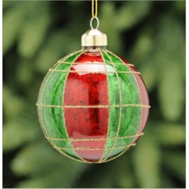 Festive Green & Red Glass Ball With Gold Lines 8cm (P044879)