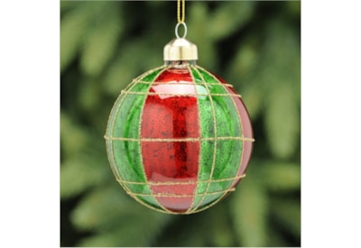 Festive Green & Red Glass Ball With Gold Lines 8cm (P044879)