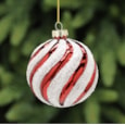Festive Red/white Glitter Candy Stripe Glass Ball 8cm (P044896)