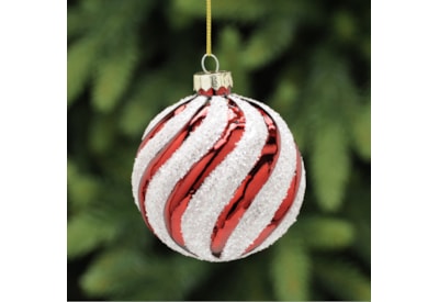 Festive Red/white Glitter Candy Stripe Glass Ball 8cm (P044896)