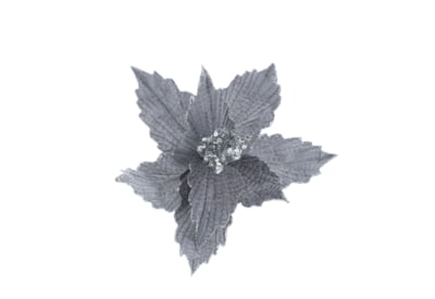 Festive Silver Poinsettia With Silver Glitter Clip On 26cm Festive Silver Poinsettia With Silver Glitter Clip On 26cm