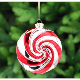 Festive Red/white Candy Cane Swirls Glass Ball 10cm (P045714)