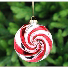 Festive Red/white Candy Cane Swirls Glass Ball 10cm Festive Red/white Candy Cane Swirls Glass Ball 10cm