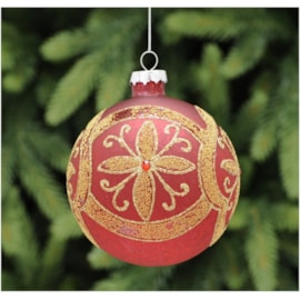 Festive Red Glass Ball With Gold Glitter Flower 10cm Festive Red Glass Ball With Gold Glitter Flower 10cm