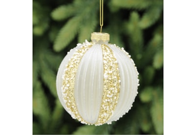 Festive White Glass Ball w Gold Lines Segment 10cm (P045789)