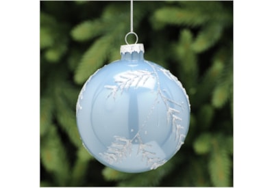 Festive Light Blue Glass Ball w White Leaves 10cm (P045827)
