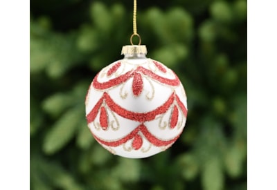 Festive Matt White Glass With Red Scallop Bauble 10cm Festive Matt White Glass With Red Scallop Bauble 10cm