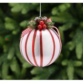 Festive Red & White Stripe With Ribbon Glass Bauble 10cm Festive Red & White Stripe With Ribbon Glass Bauble 10cm