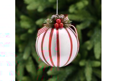 Festive Red & White Stripe With Ribbon Glass Bauble 10cm Festive Red & White Stripe With Ribbon Glass Bauble 10cm