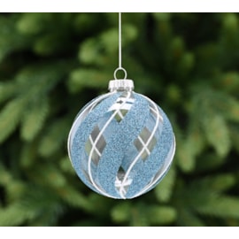 Festive Clear Glass With Blue Glitter Stripes Bauble 8cm Festive Clear Glass With Blue Glitter Stripes Bauble 8cm