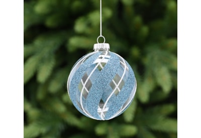 Festive Clear Glass With Blue Glitter Stripes Bauble 8cm Festive Clear Glass With Blue Glitter Stripes Bauble 8cm