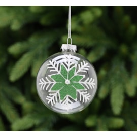 Festive Clear Glass With White/green Snowflake Bauble 8cm Festive Clear Glass With White/green Snowflake Bauble 8cm