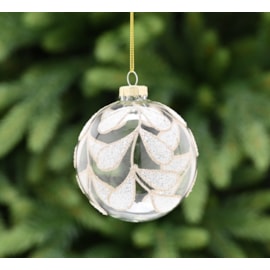 Festive Clear Glass With Gold/white Glitter Leaf Bauble 8cm Festive Clear Glass With Gold/white Glitter Leaf Bauble 8cm
