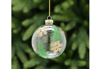 Festive Clear Glass With Gold Snowflake/green Trees Bauble 8cm Festive Clear Glass With Gold Snowflake/green Trees Bauble 8cm