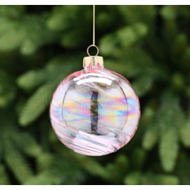 Festive Clear With Pink Iridescent Stripe Glass Bauble 8cm Festive Clear With Pink Iridescent Stripe Glass Bauble 8cm