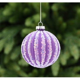 Festive Matt Purple Glitter/white Stripes Glass Bauble 8cm Festive Matt Purple Glitter/white Stripes Glass Bauble 8cm