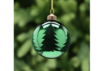 Festive Shiny Green Glass With Flock Trees Bauble 8cm Festive Shiny Green Glass With Flock Trees Bauble 8cm