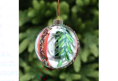 Festive Clear Glass With Green/red Leaves Bauble 10cm Festive Clear Glass With Green/red Leaves Bauble 10cm