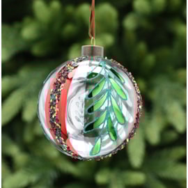 Festive Clear Glass With Green/red Leaves Bauble 10cm Festive Clear Glass With Green/red Leaves Bauble 10cm