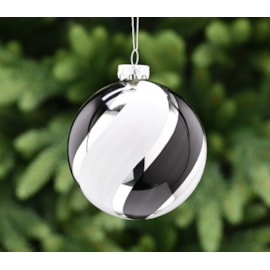 Festive Silver Thick Black/white Stripes Glass Bauble 10cm Festive Silver Thick Black/white Stripes Glass Bauble 10cm