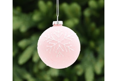 Festive Pink Frosted With White Snowflake Glass Bauble 8cm Festive Pink Frosted With White Snowflake Glass Bauble 8cm