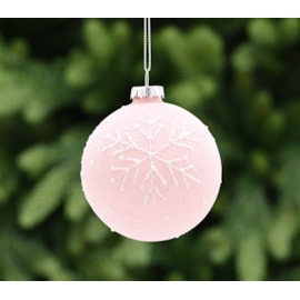 Festive Pink Frosted With White Snowflake Glass Bauble 8cm Festive Pink Frosted With White Snowflake Glass Bauble 8cm