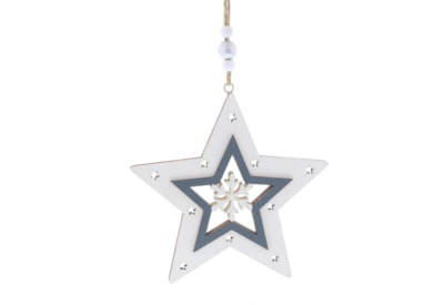 Festive Hanging White/blue Wood Star 12cm Festive Hanging White/blue Wood Star 12cm